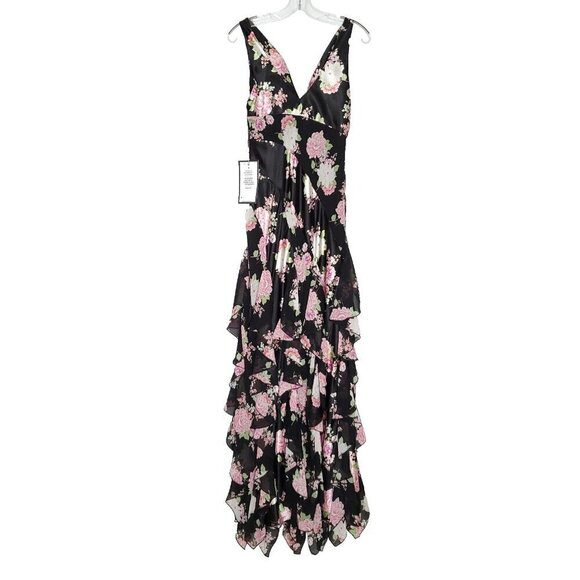 Floral Babydoll Slip Dress M Black Pink Satin Long Maxi Chiffon Ruffles Fairy - Picture 6 of 9